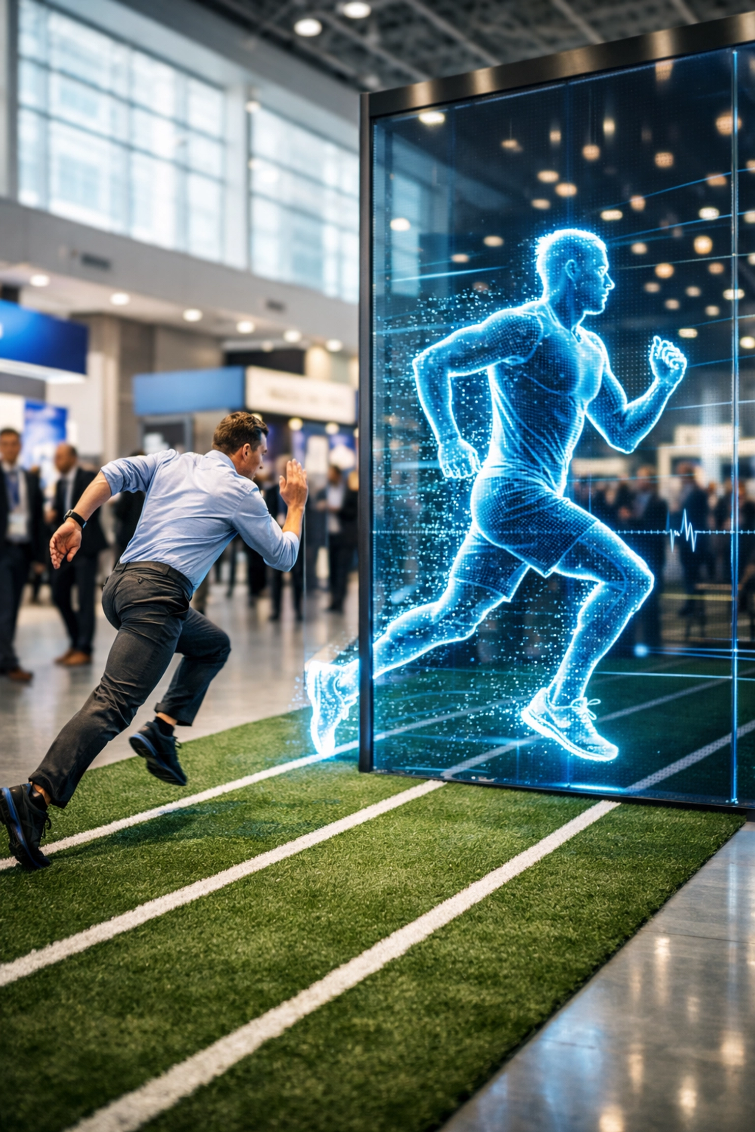 A fan participating in a virtual 40-yard dash challenge at a Super Bowl 2026 sports activation.