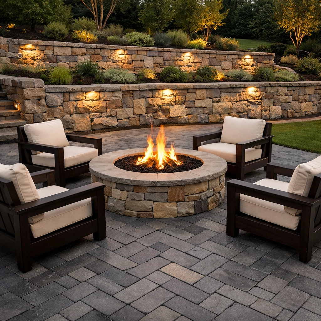 Modern hardscaping Chattanooga design featuring a paver patio, fire pit, and stone retaining wall.