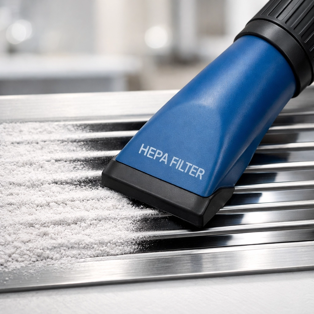 HEPA vacuum cleaning dust from a ventilation duct during professional post-construction cleaning MA.