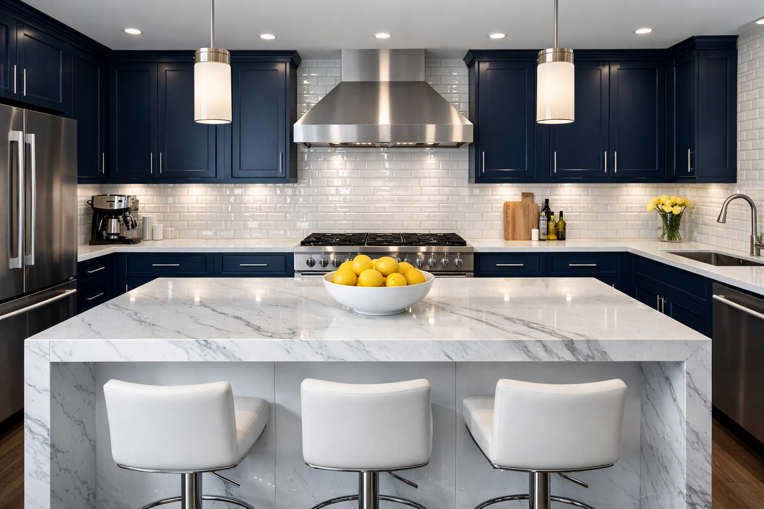 Spotless modern kitchen in East Cambridge with sparkling marble counters and blue cabinetry.