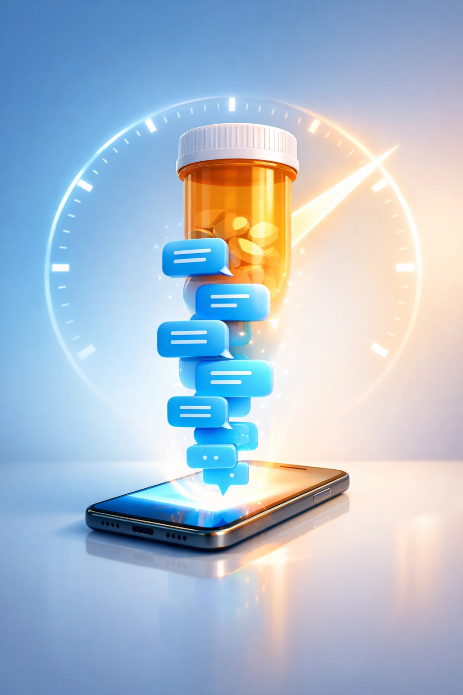 Smartphone with medical chat bubbles and a prescription bottle representing fast online UTI treatment.