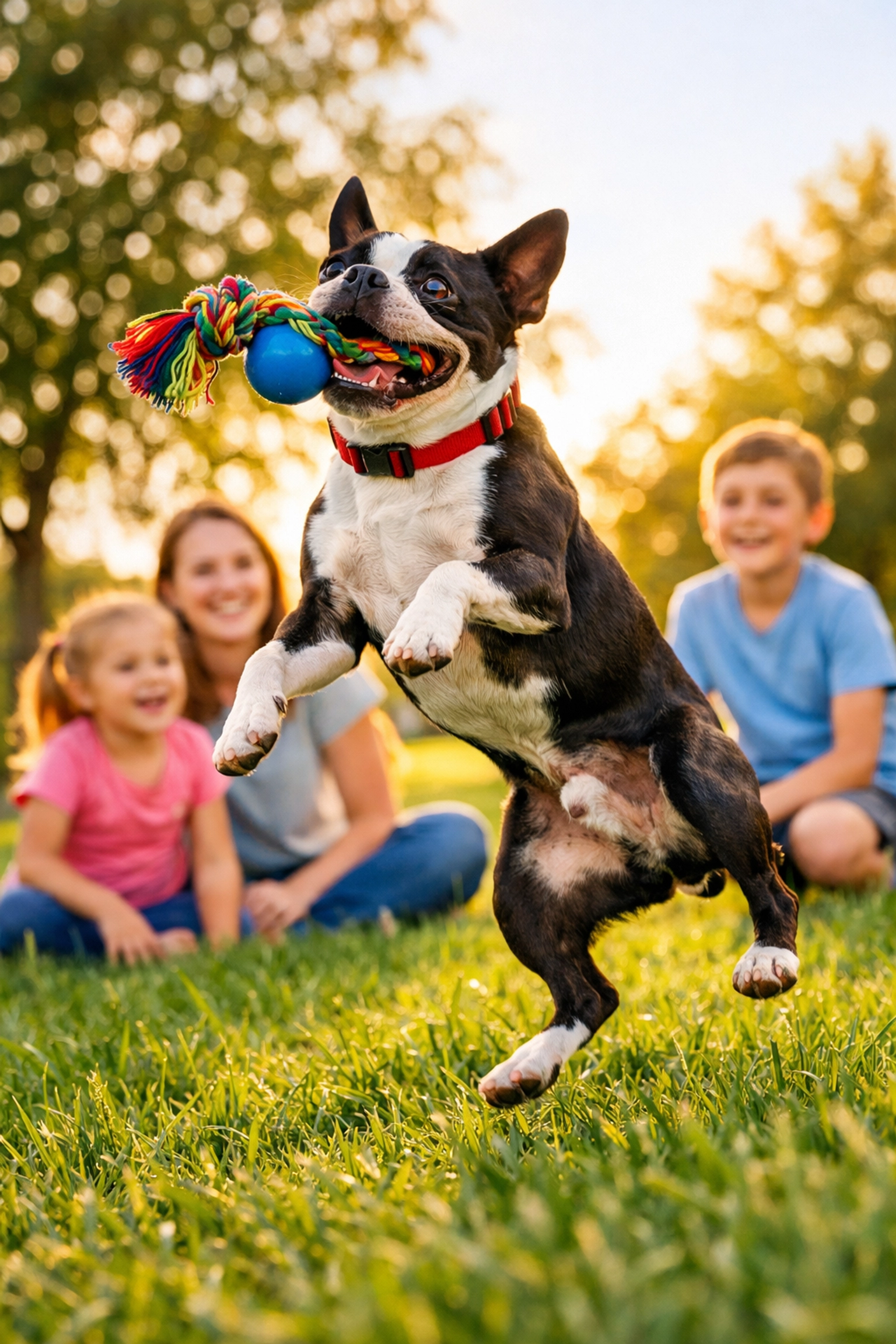 Boston Terrier jouant avec une famille dans un parc, montrant son tempérament joyeux