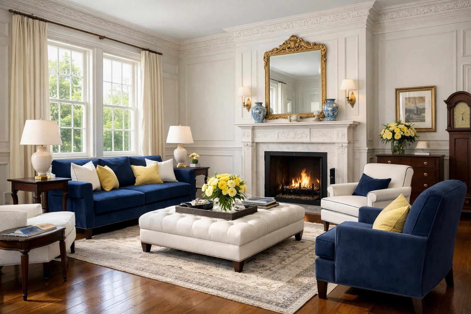 Clean historic Lexington living room with pristine wood floors after weekly house cleaning.