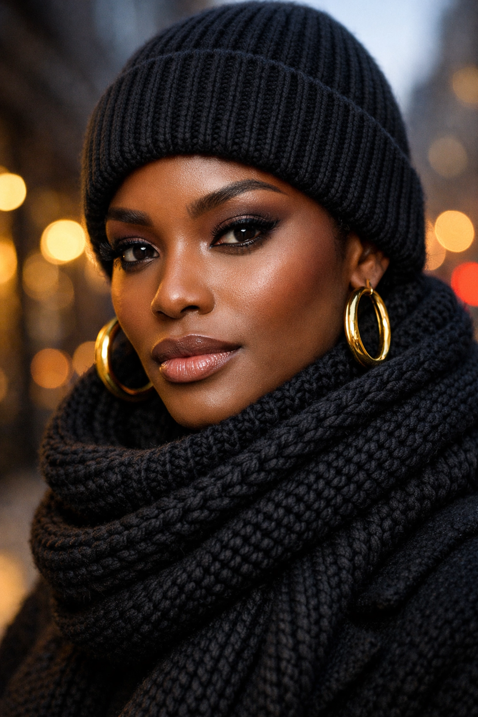Confident Black woman wearing a premium knit beanie and scarf, showcasing high-quality Black-owned fashion.