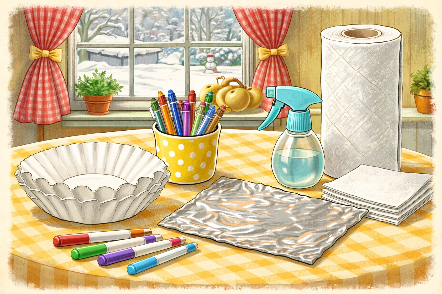Coffee filter art supplies including filters, markers, and foil on a cozy snow day kitchen table