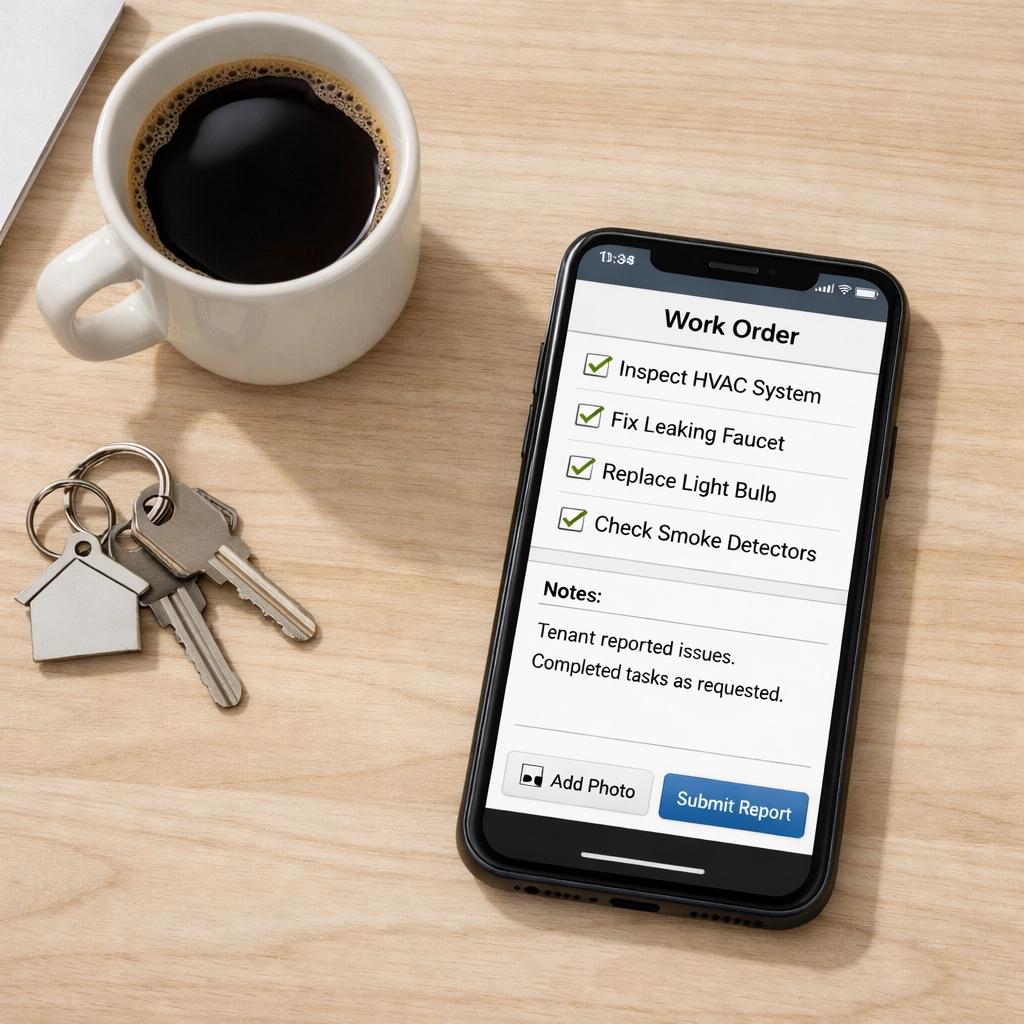 Smartphone displaying property management work order checklist with unit keys on desk