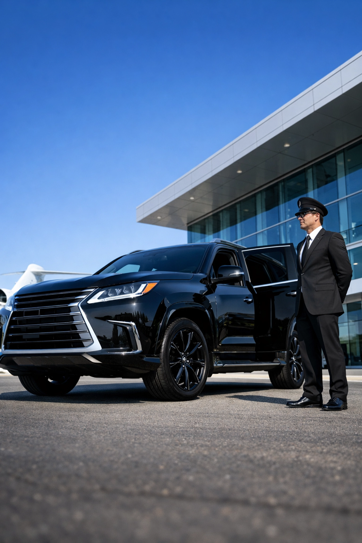 Chauffeur-driven luxury SUV providing elite transportation for Super Bowl corporate travel.