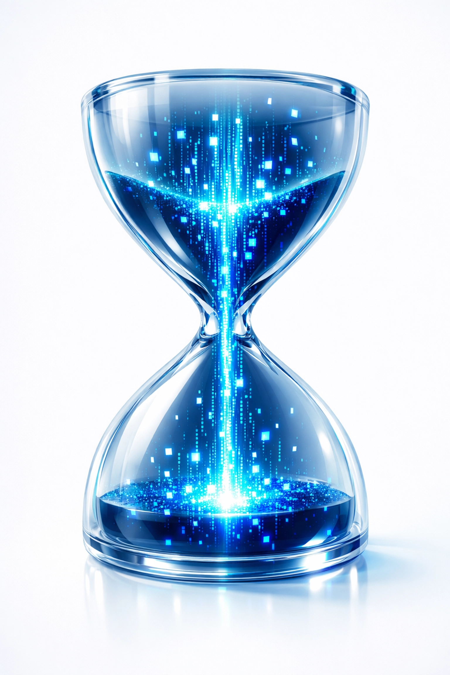 A digital hourglass with glowing data streams representing AI workflow automation for efficient CRM time management.