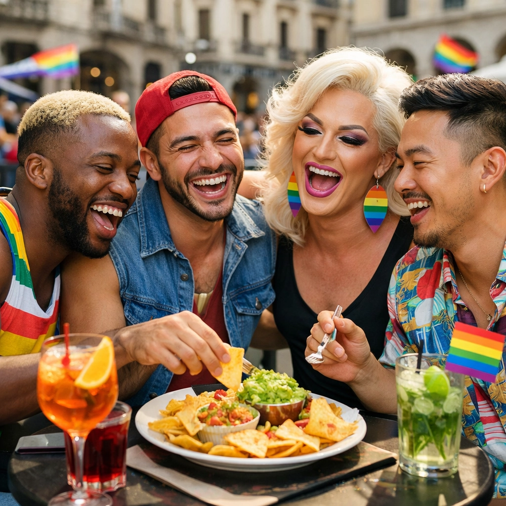 A group of happy LGBTQ+ friends at a cafe, highlighting community pride and being out in public spaces.