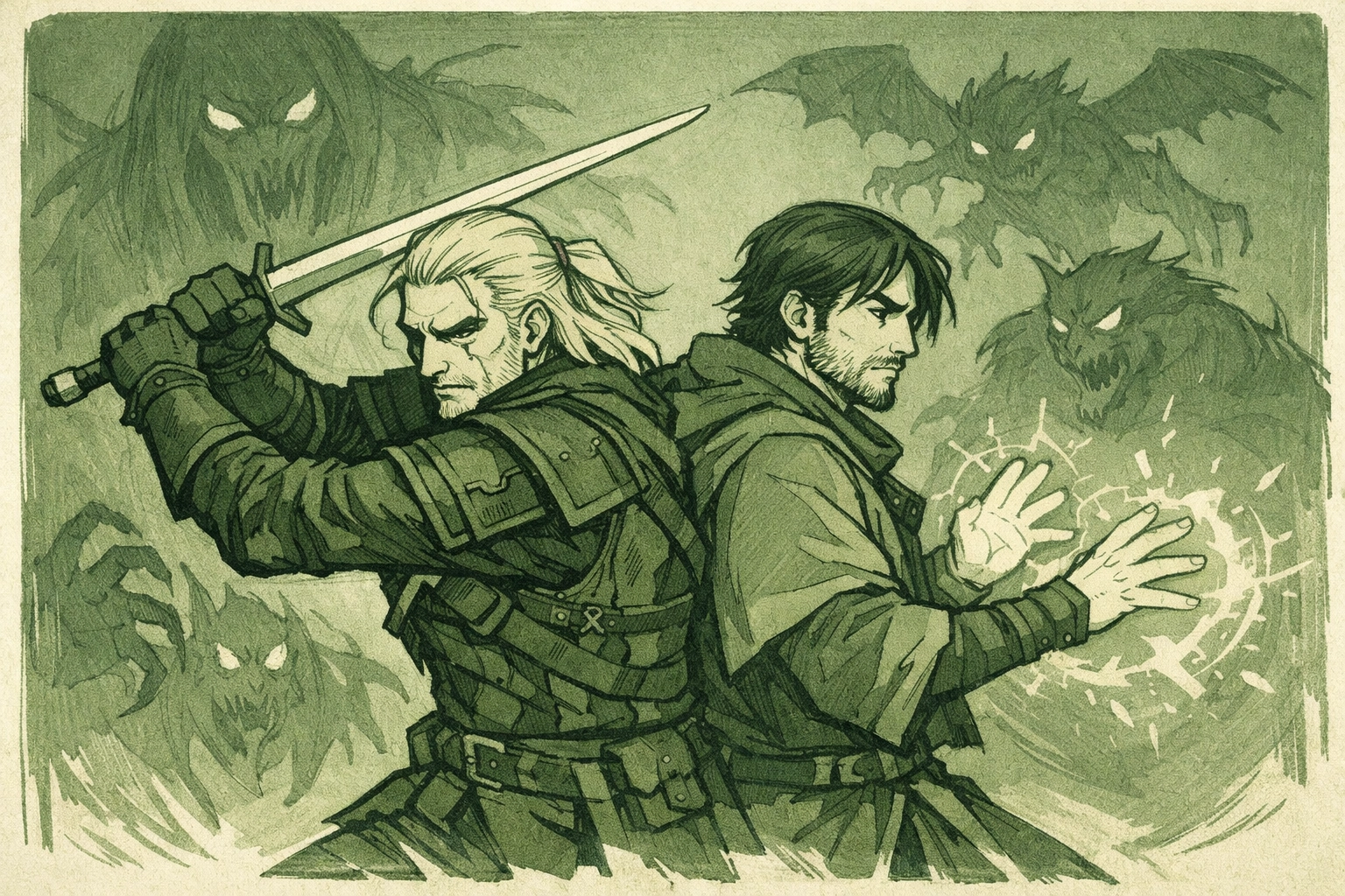 Witcher and sorcerer fighting supernatural threats together in gay fantasy romance combat scene