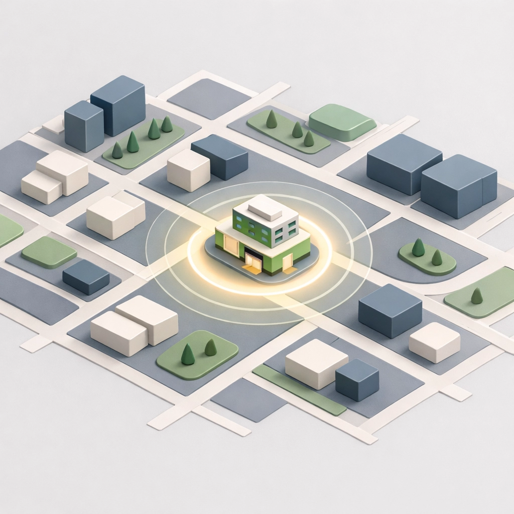 Minimalist city map highlighting a local business for chiropractic SEO targeting.