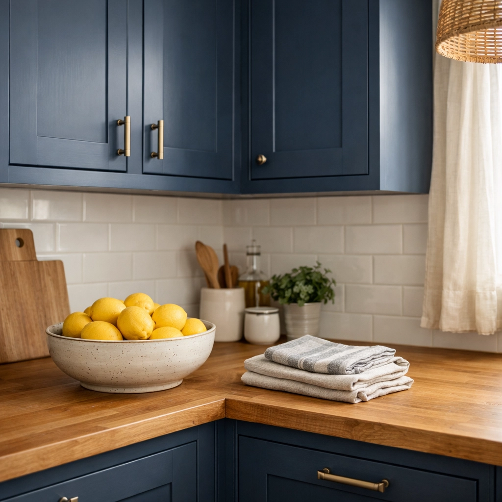 Bespoke kitchen cabinet spraying in a Littlehampton home featuring a smooth matte navy blue finish.