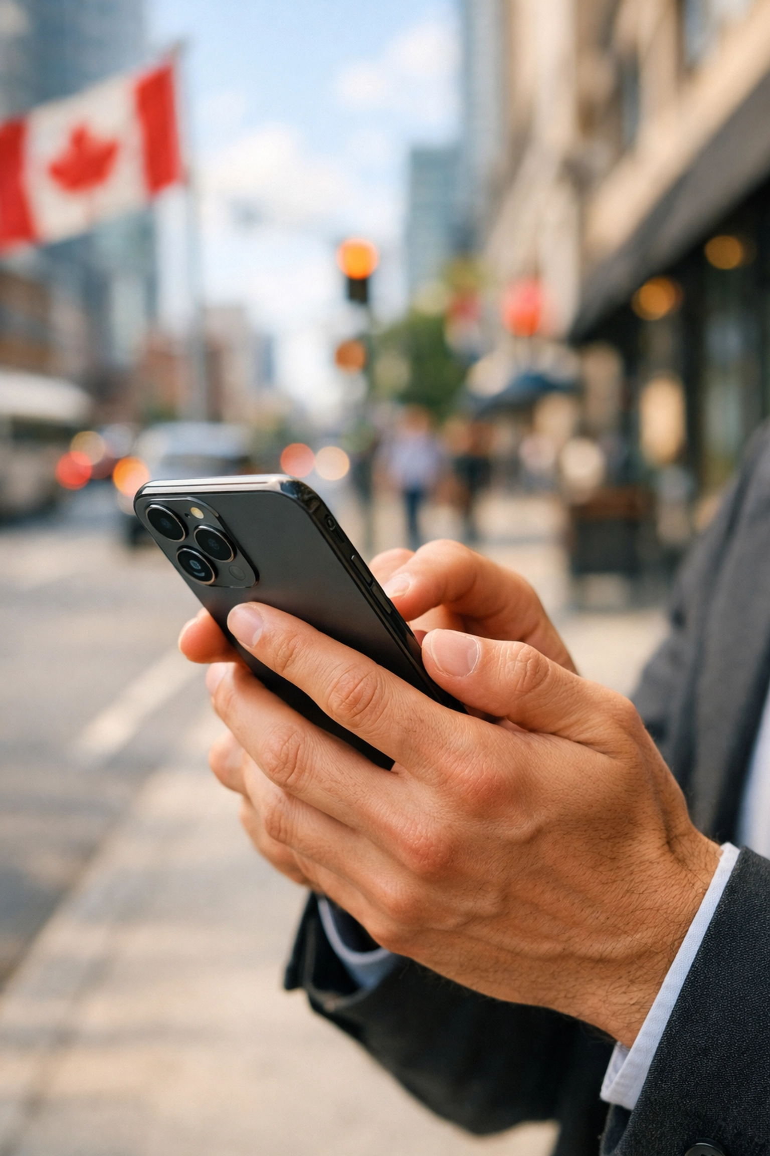 Applying for payday loans Alberta online via smartphone in a bright Canadian urban setting.