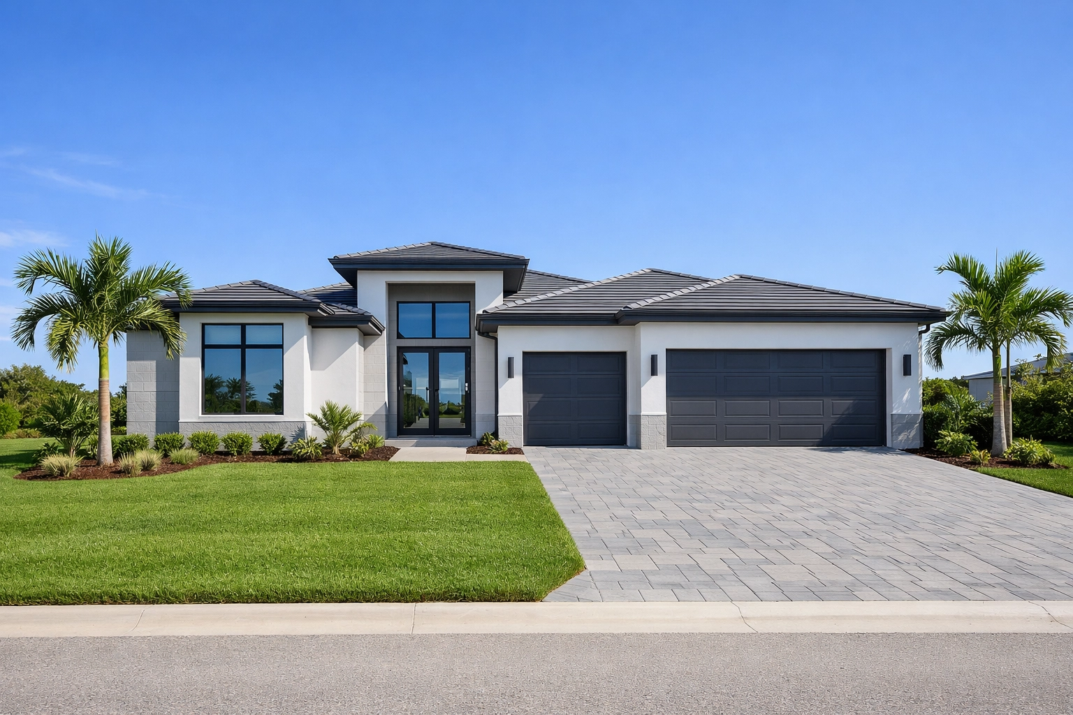 Modern new construction home with a three-car garage in Northwest Cape Coral.
