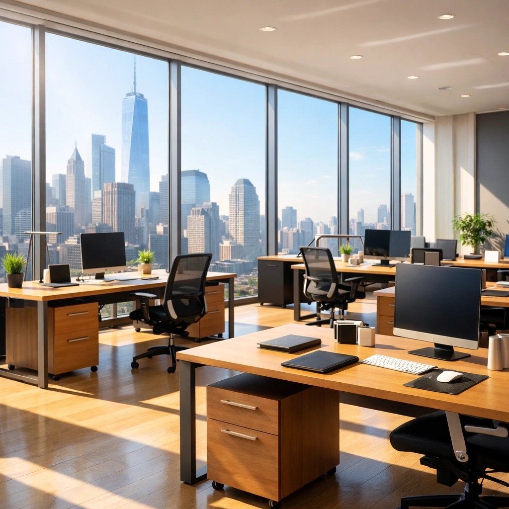 Clean, sun-drenched modern office in a Chicago high-rise with polished floors and dust-free surfaces.