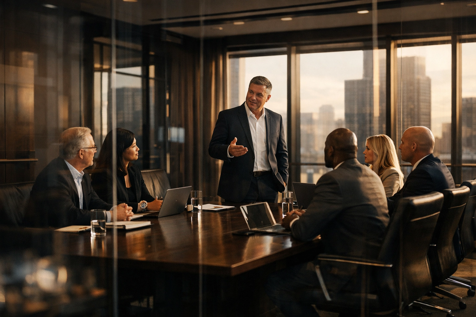 Executive leadership team collaborating in modern boardroom discussing strategic business decisions