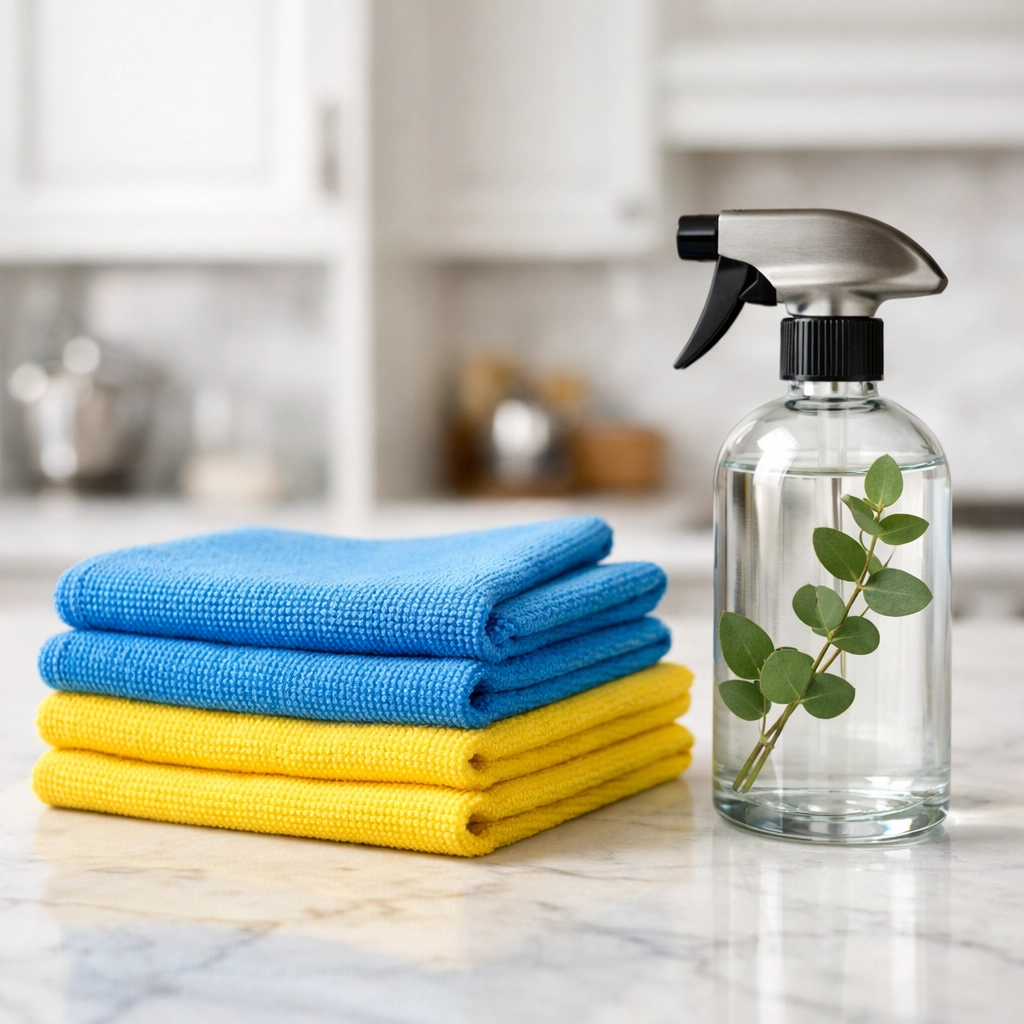 Eco-friendly cleaning supplies and microfiber cloths for sustainable house cleaning services in Cotuit.