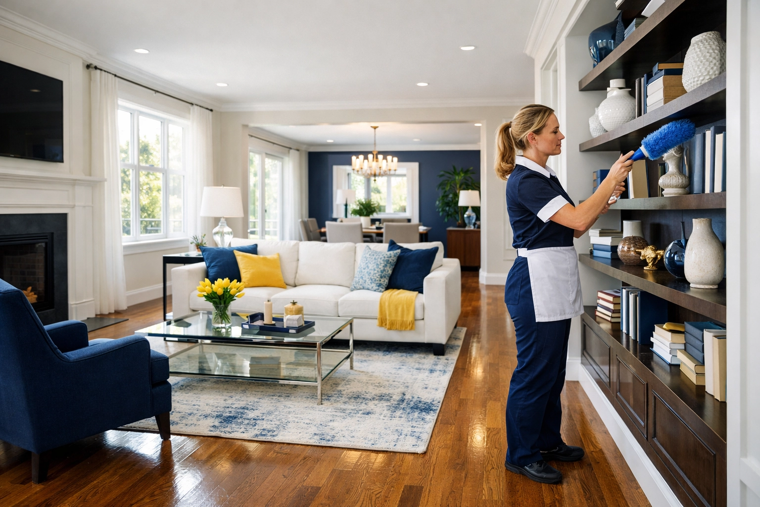 Professional cleaner performing house cleaning Worcester MA in a sunlit, modern living room.