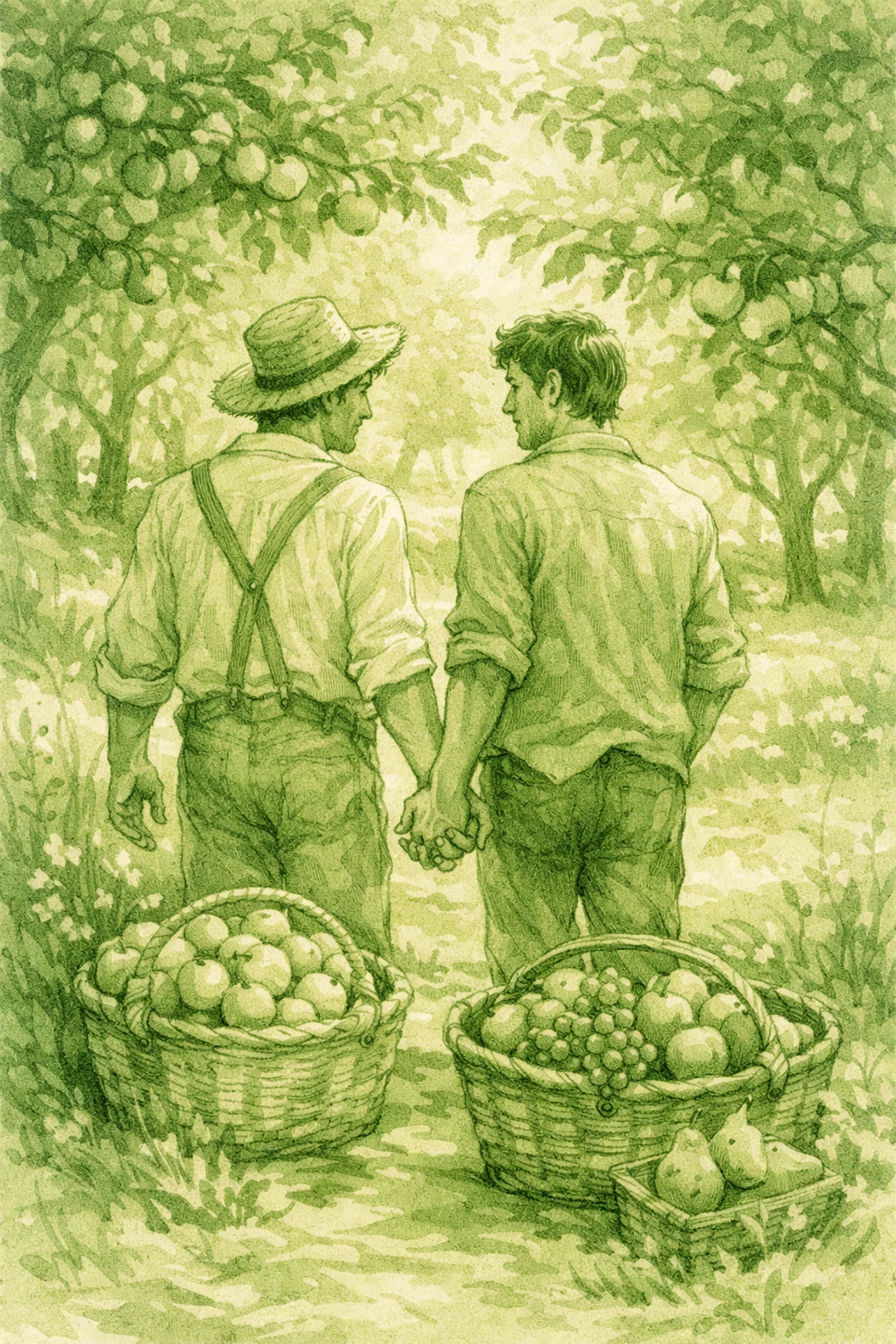 MM romance couple walking through harvest orchard hand in hand - seasonal abundance and love