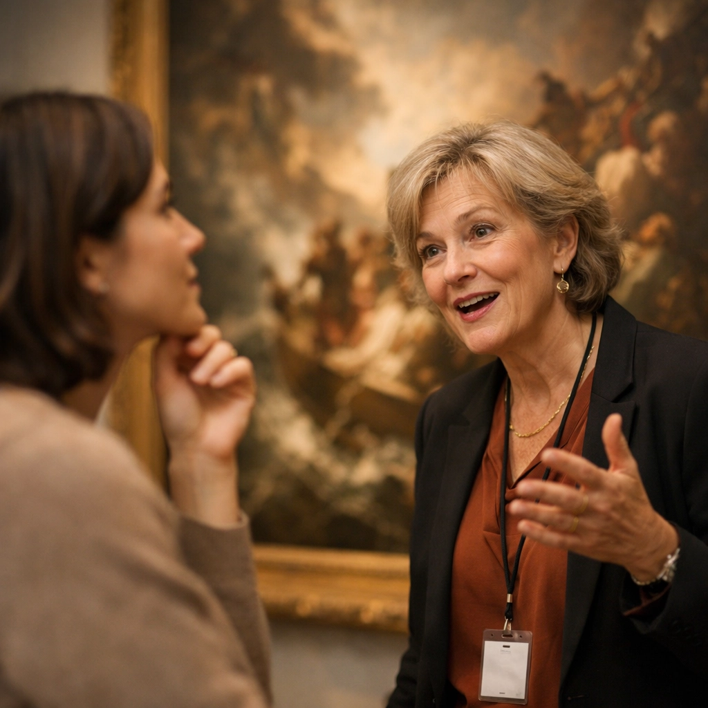 Passionate art historian sharing insights with a visitor during a guided museum tour.