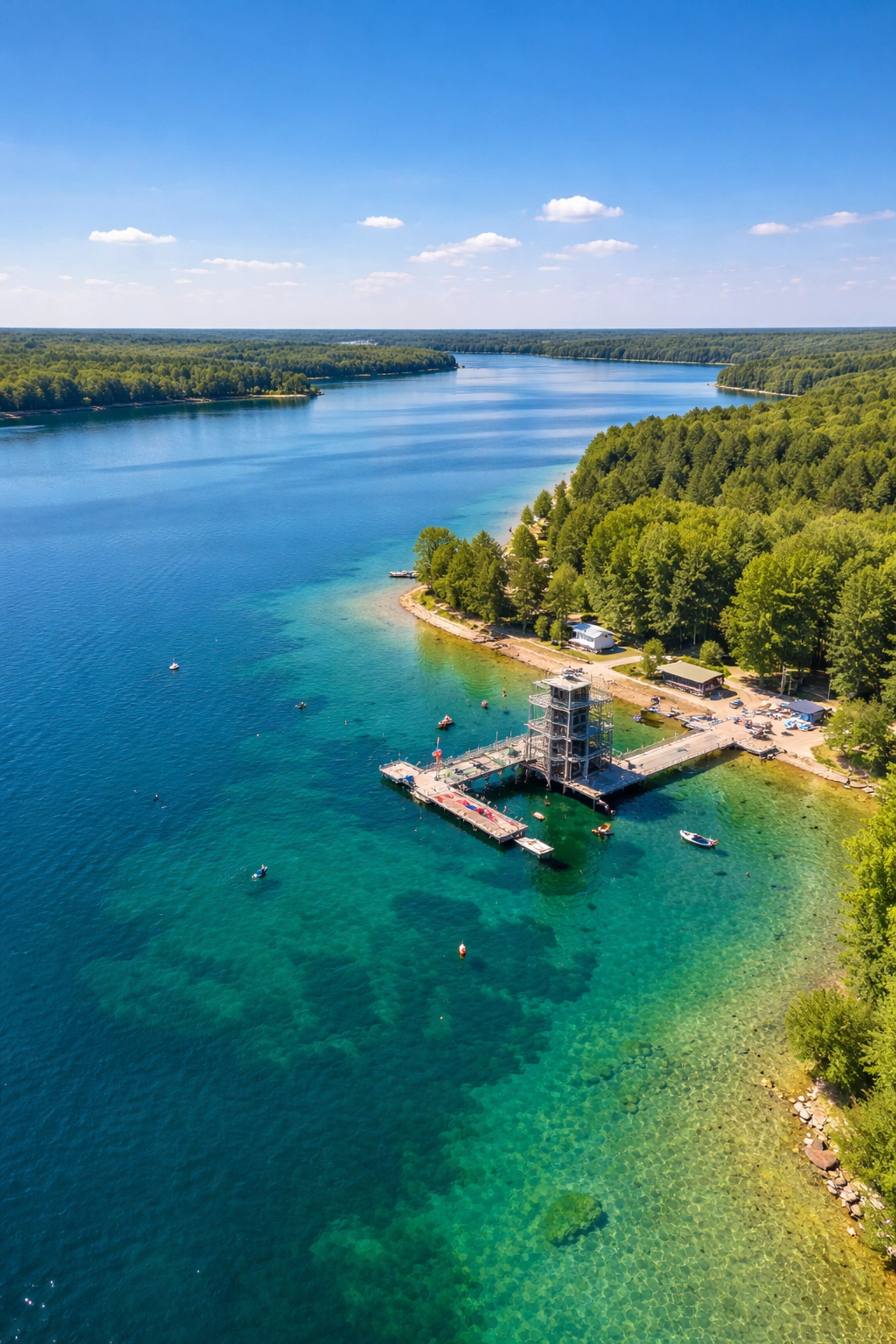 Luftaufnahme vom Goitzschesee mit Tauchplattform, perfekte Trainingsumgebung für TEC Diving in Sachsen-Anhalt
