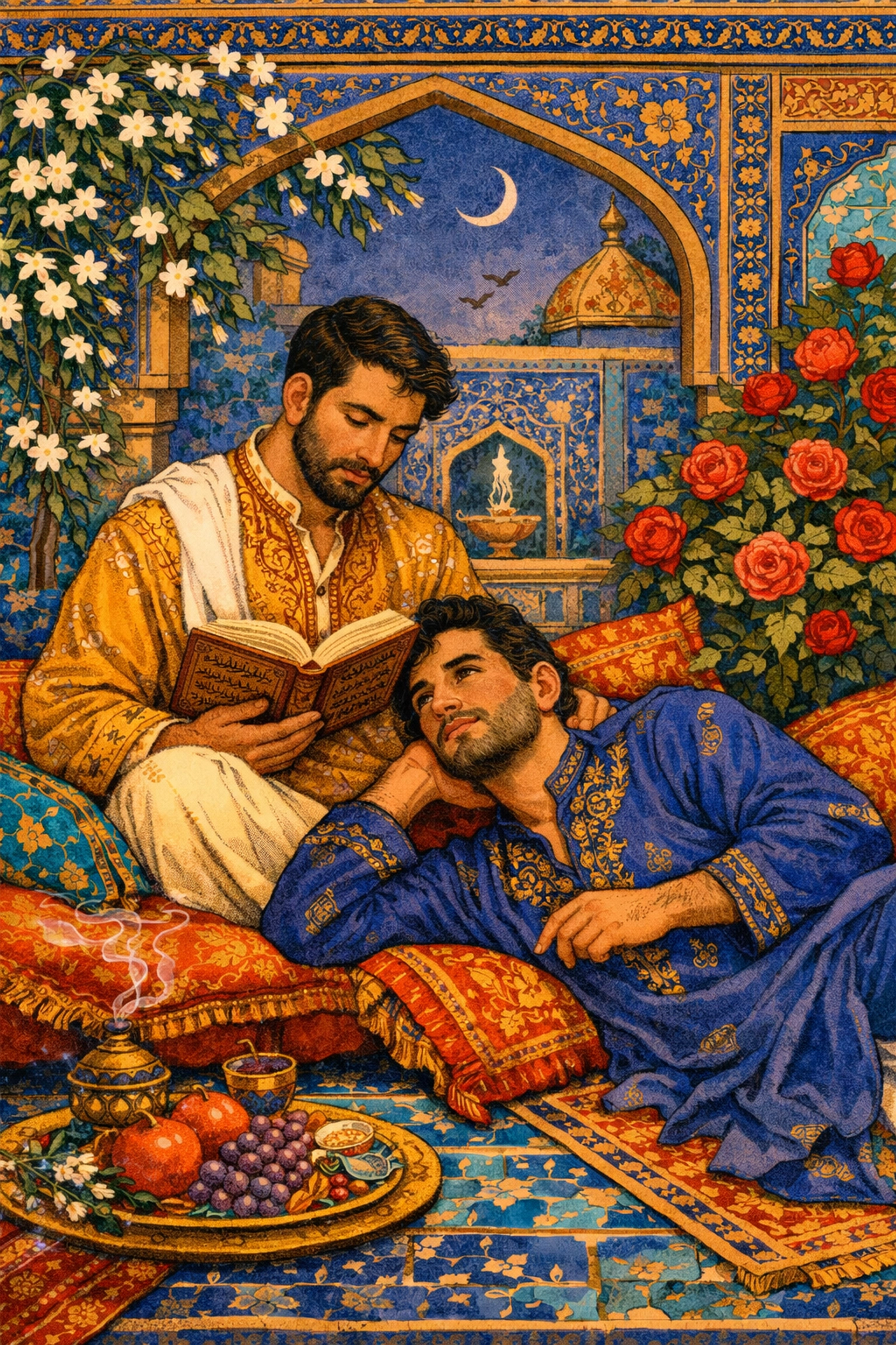 Two men in traditional Afghan clothing sharing a romantic moment while reading Persian poetry.
