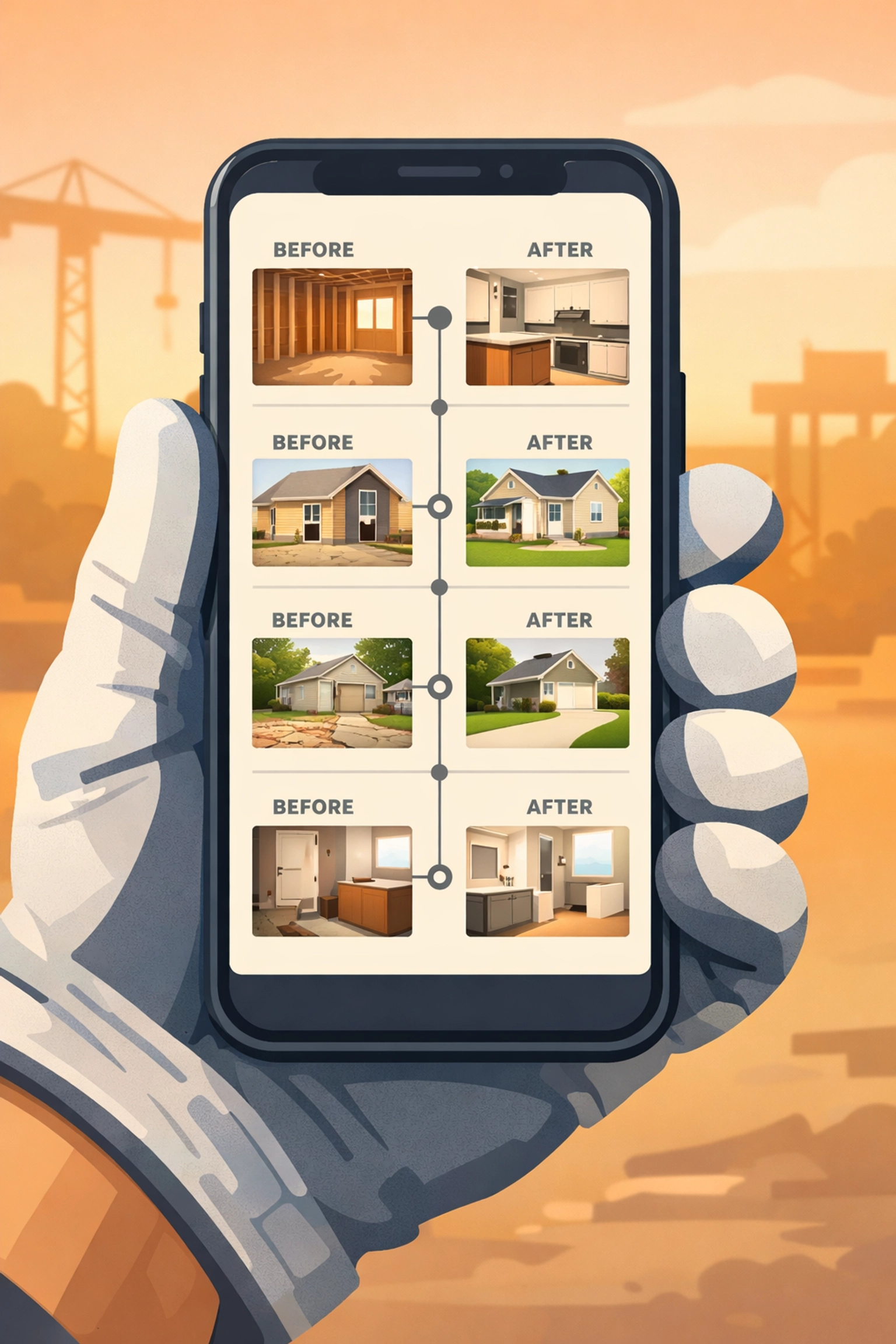 Contractor viewing organized photo timeline on smartphone with before and after construction photos