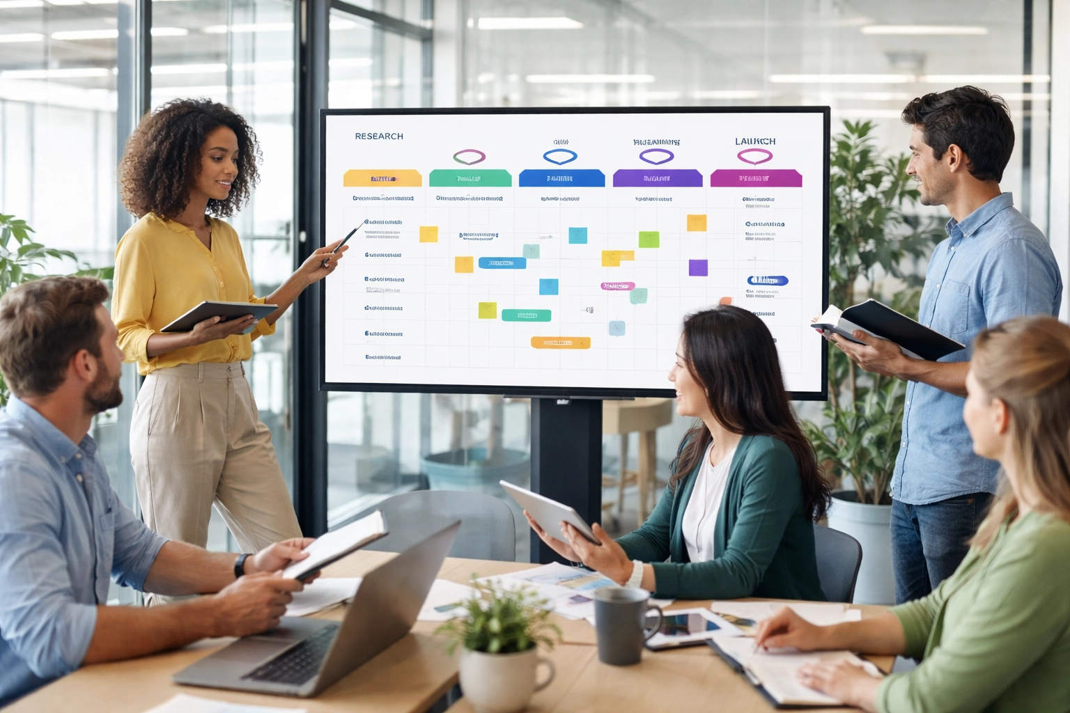 A diverse office team reviews a digital roadmap to plan effective ServiceNow governance implementation and improvement.
