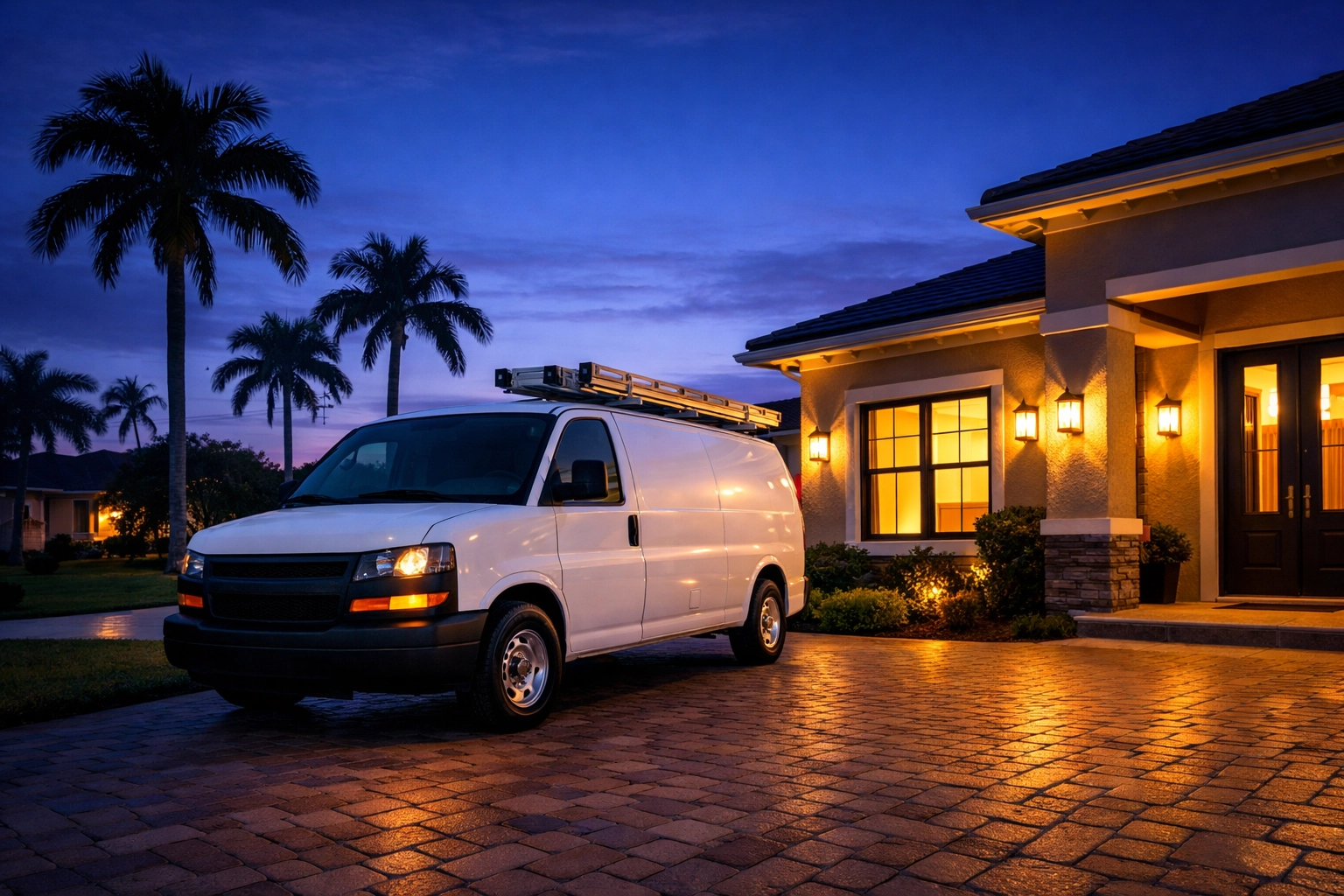 Emergency electrician service van arriving at a Florida residence for 24 hour repair.
