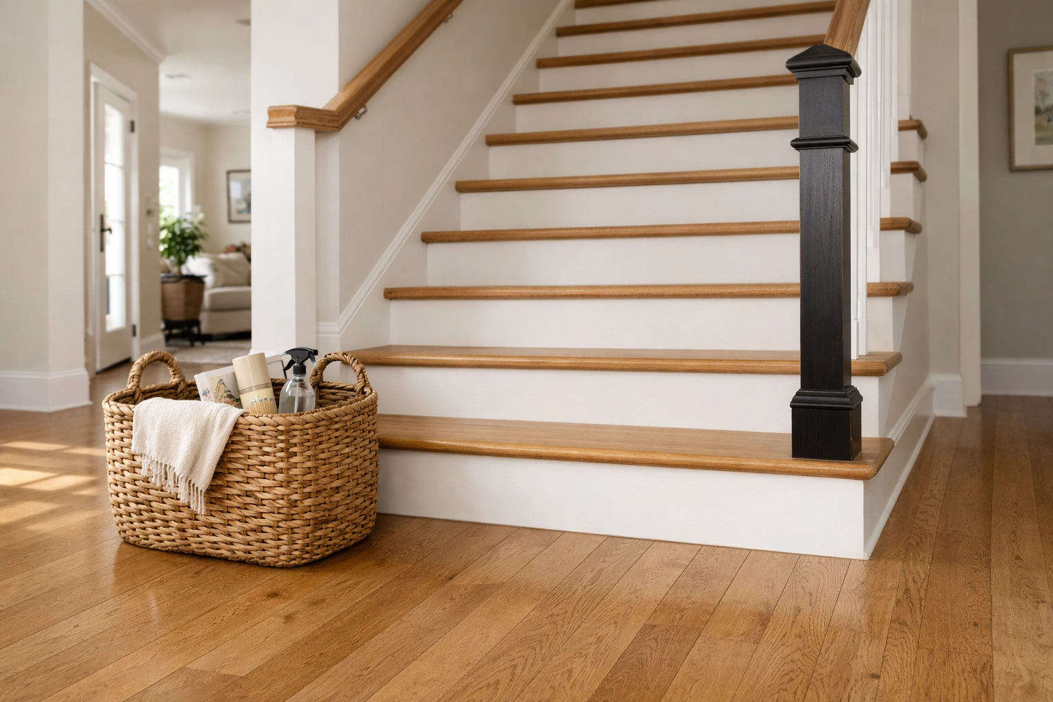 Clear wooden stairs with a storage basket placed safely on the floor to prevent tripping hazards.