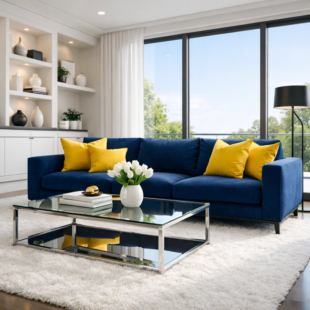 Professionally maintained living room with clean surfaces, a blue sofa, and a white area rug.