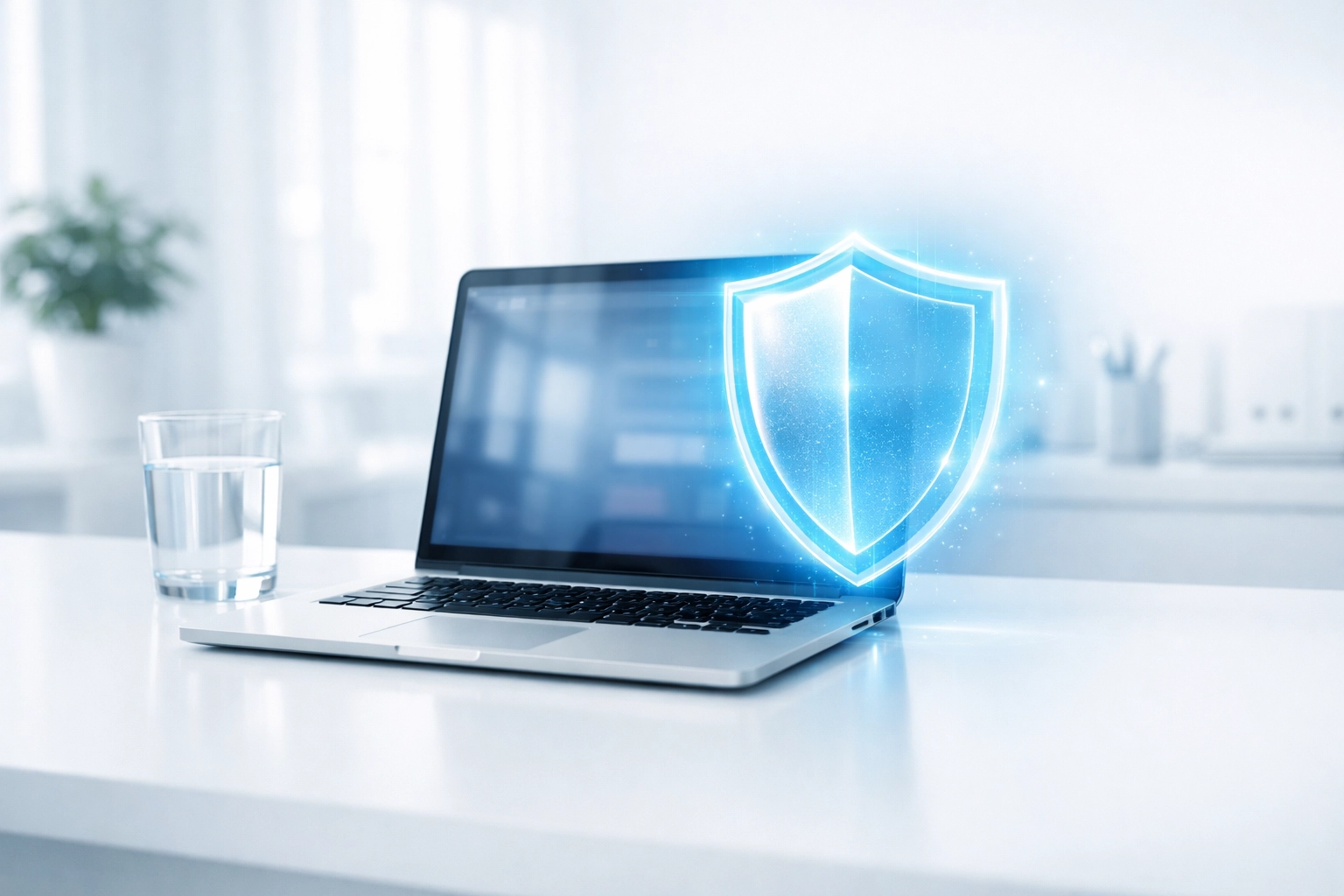 Modern laptop with a protective digital shield symbolizing managed ransomware protection for SMBs. Modern laptop with a protective digital shield symbolizing managed ransomware protection for SMBs.
