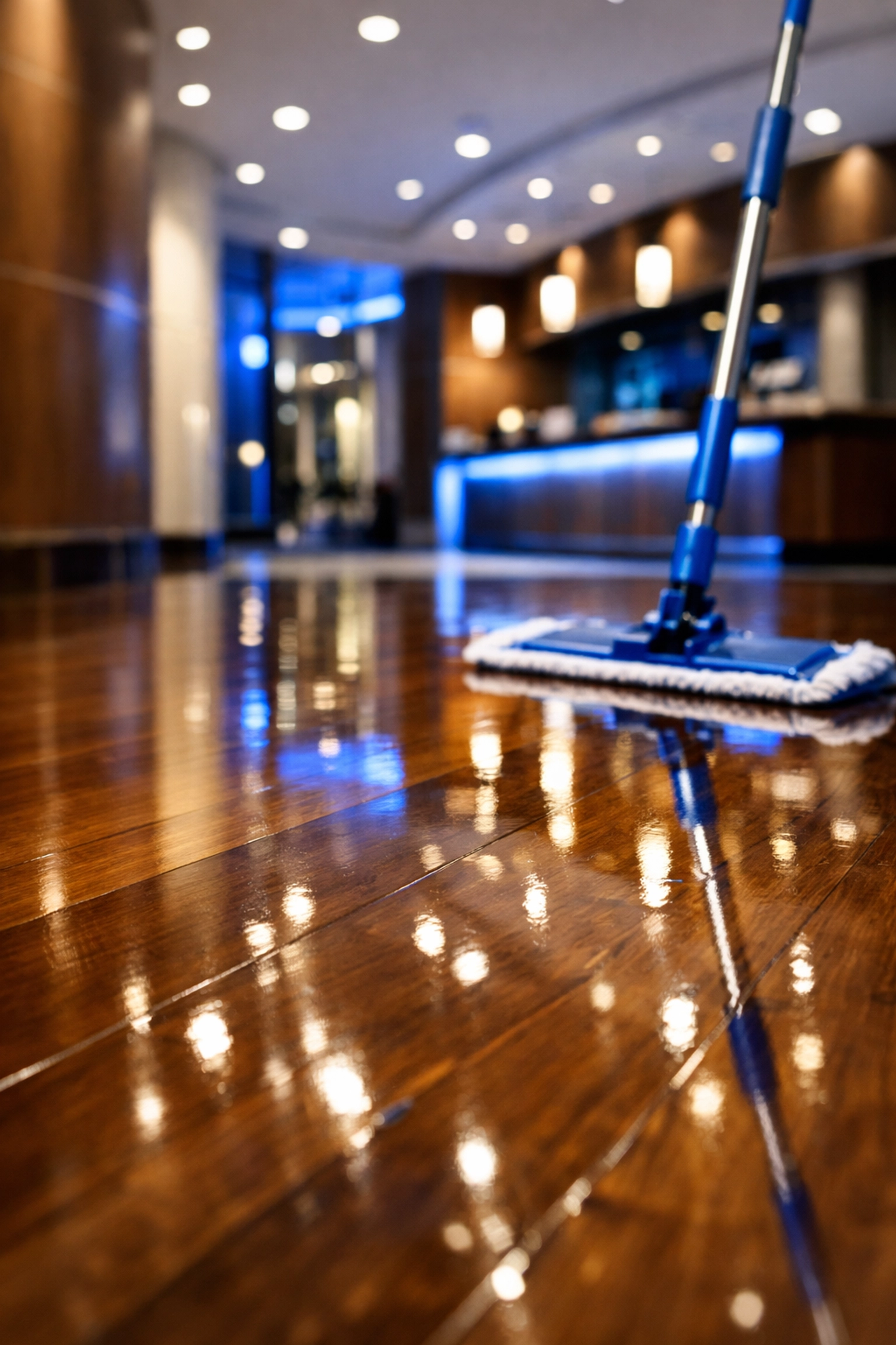 Polished hardwood floors in a commercial lobby showing professional results from office cleaning in Bedford.