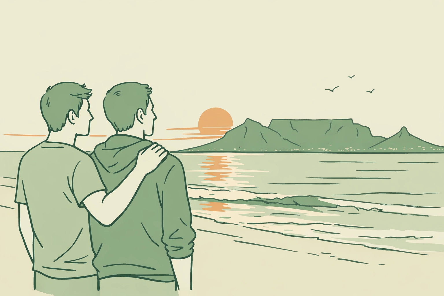 Two men sharing romantic moment on Cape Town beach with Table Mountain backdrop - MM romance setting