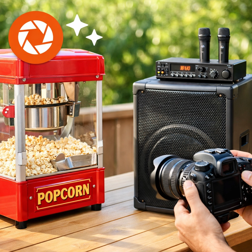 Professional photo of a red popcorn machine and karaoke speaker on an outdoor patio