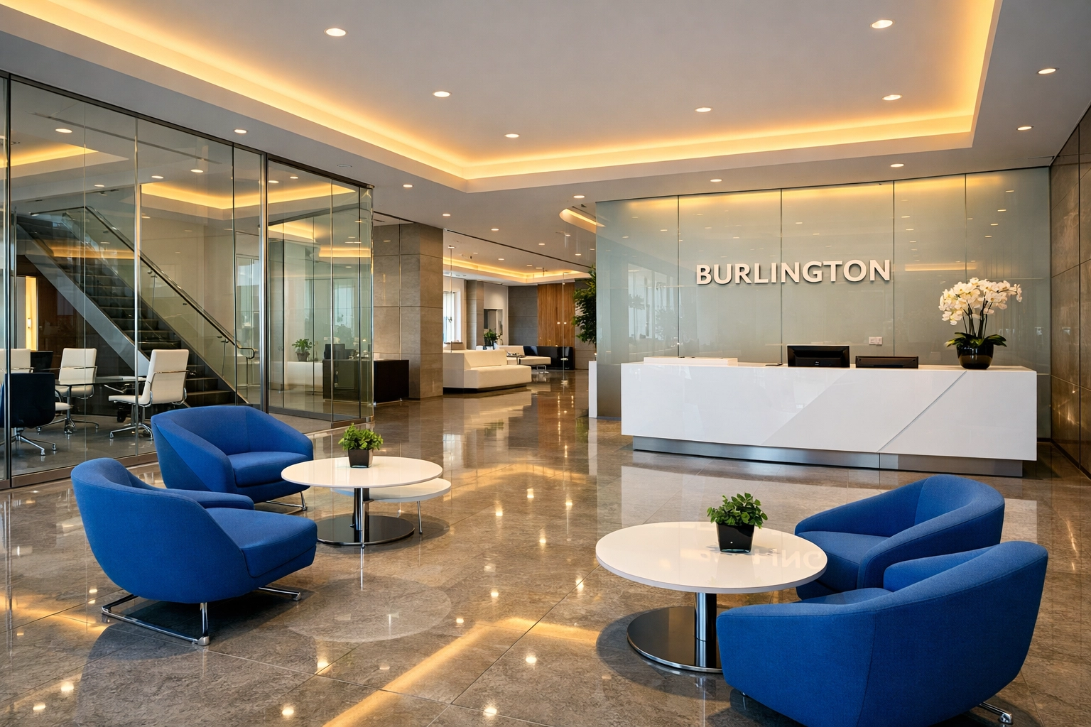 Clean and professional office lobby in Burlington MA showing high-end commercial cleaning results.