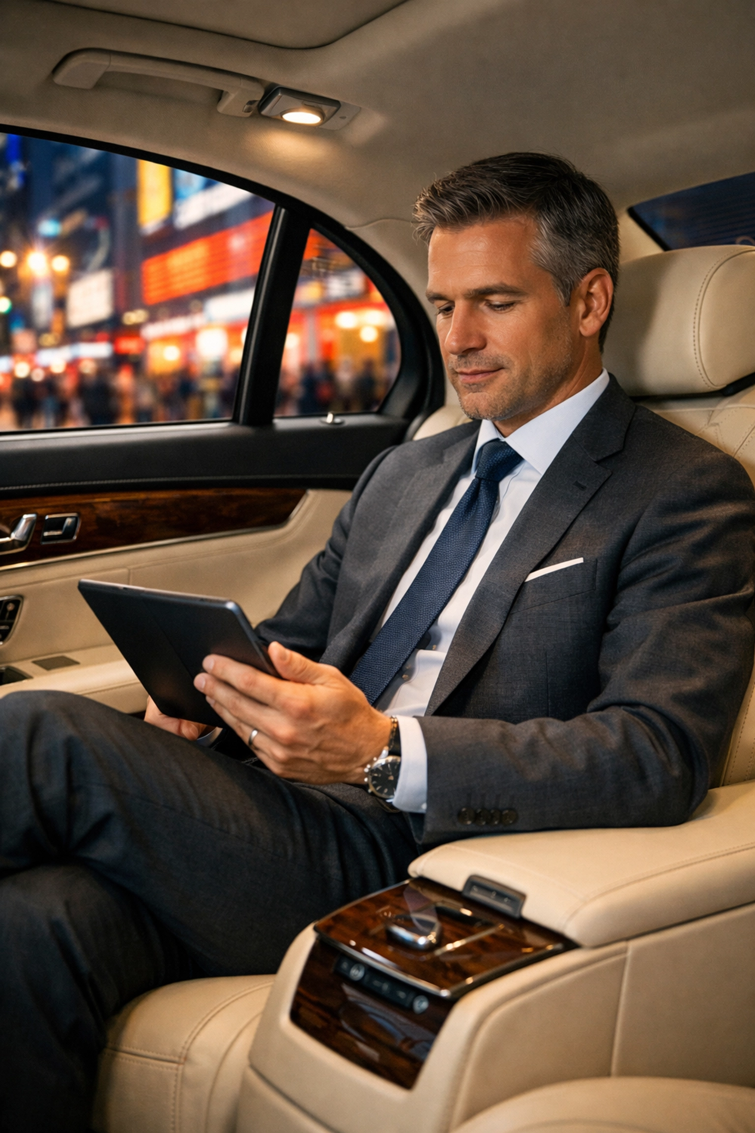 Business executive working in a luxury mobile office during corporate travel logistics.