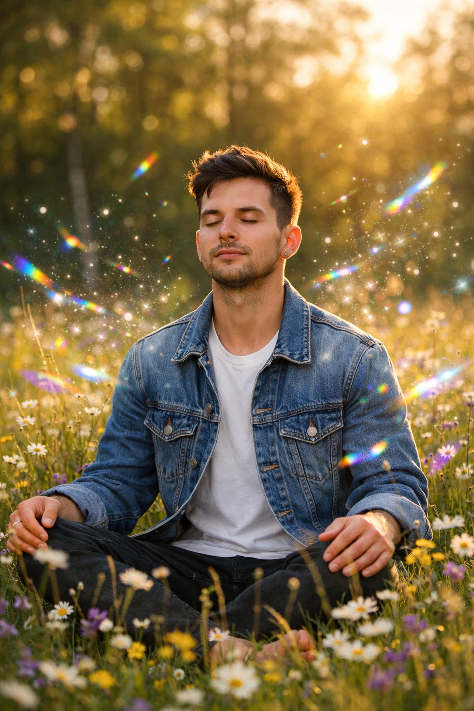 A gay man meditating in a sunlit meadow, representing queer spirituality and authentic identity.