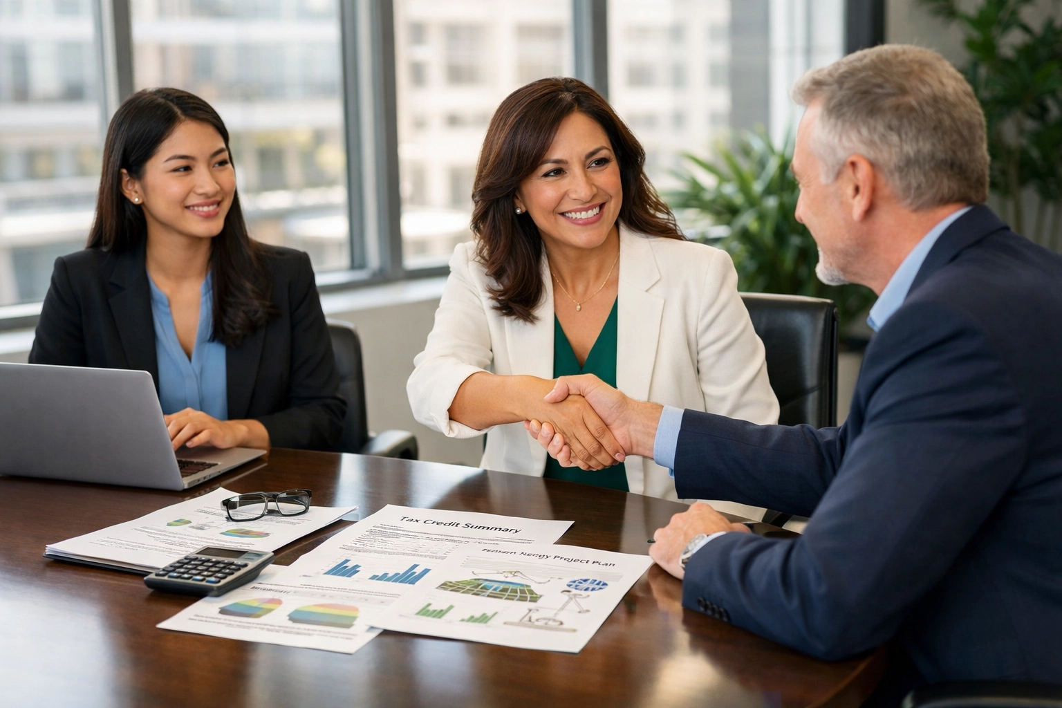 Business owners discussing transferable tax credits for clean energy projects