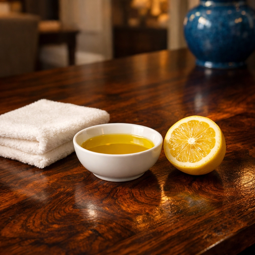 Natural wood furniture polish with lemon and olive oil on a polished dark wood table.