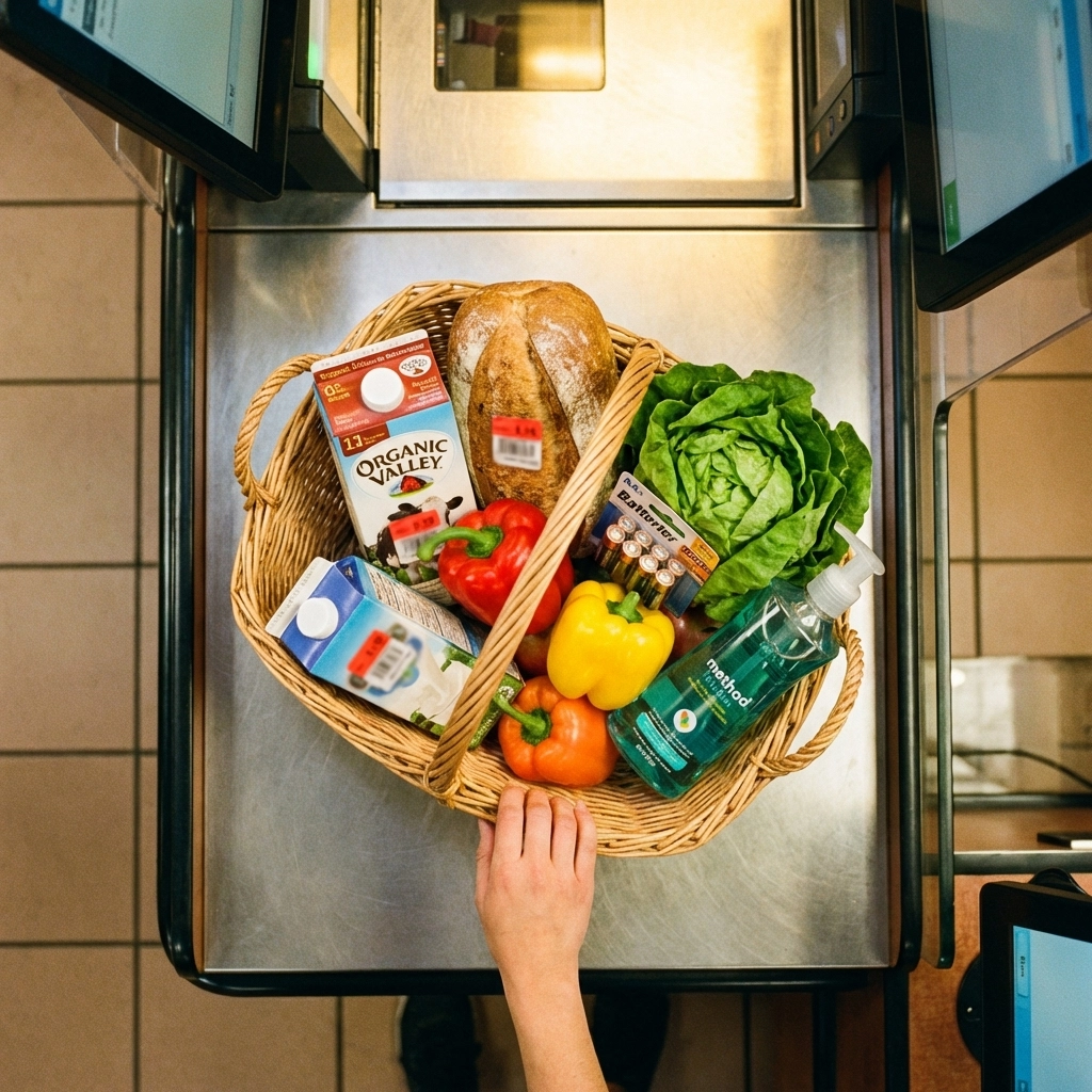 Aerial view of a grocery store checkout with everyday essentials, illustrating spending habits and price trends in 2026.