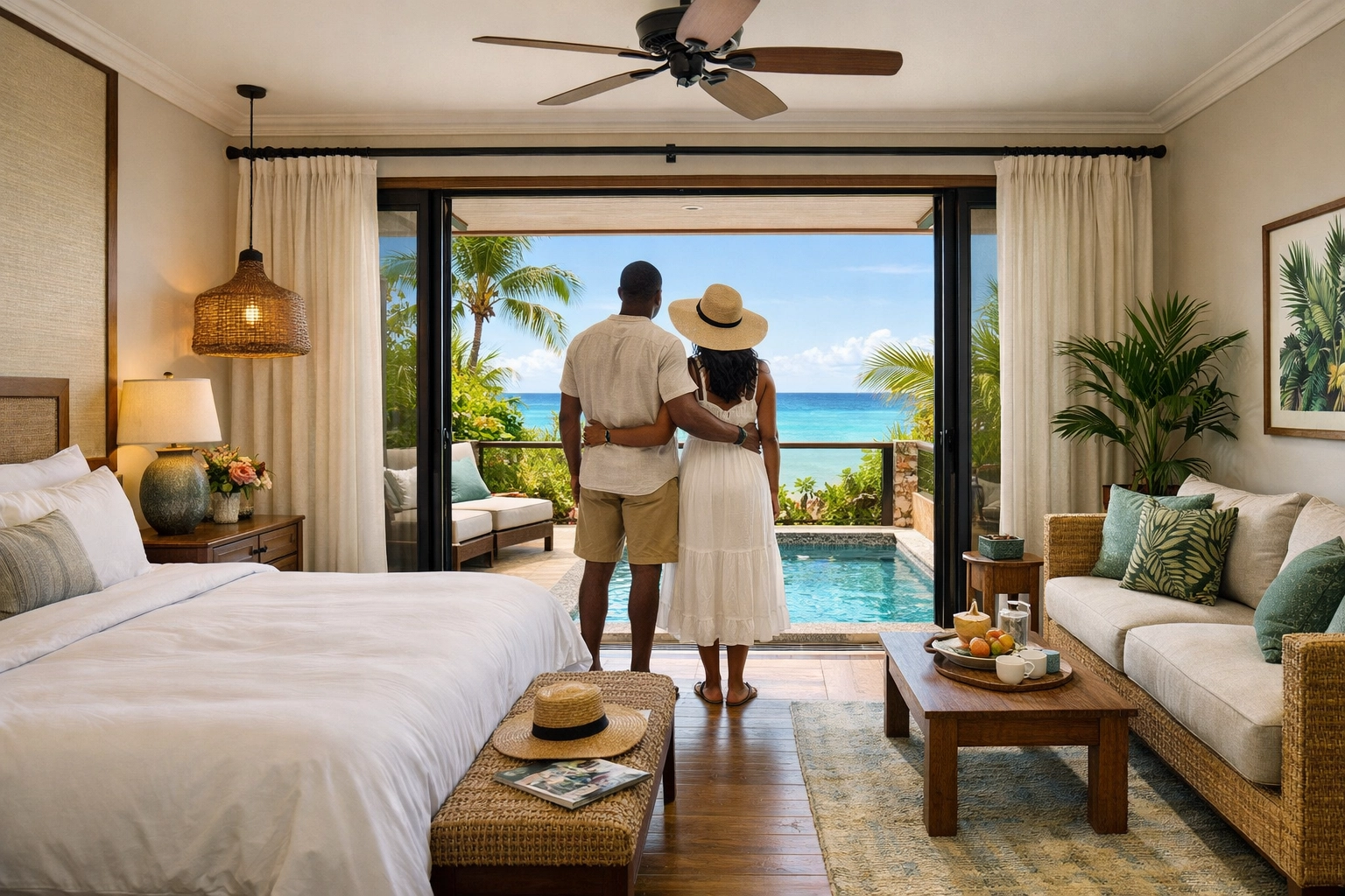 Luxury lifestyle resort room with private balcony plunge pool and ocean view