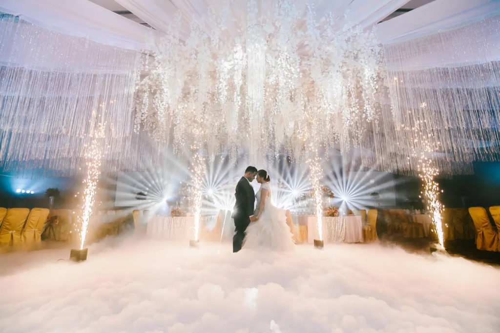 Elegant wedding setup with a cloud-effect dance floor and custom special FX