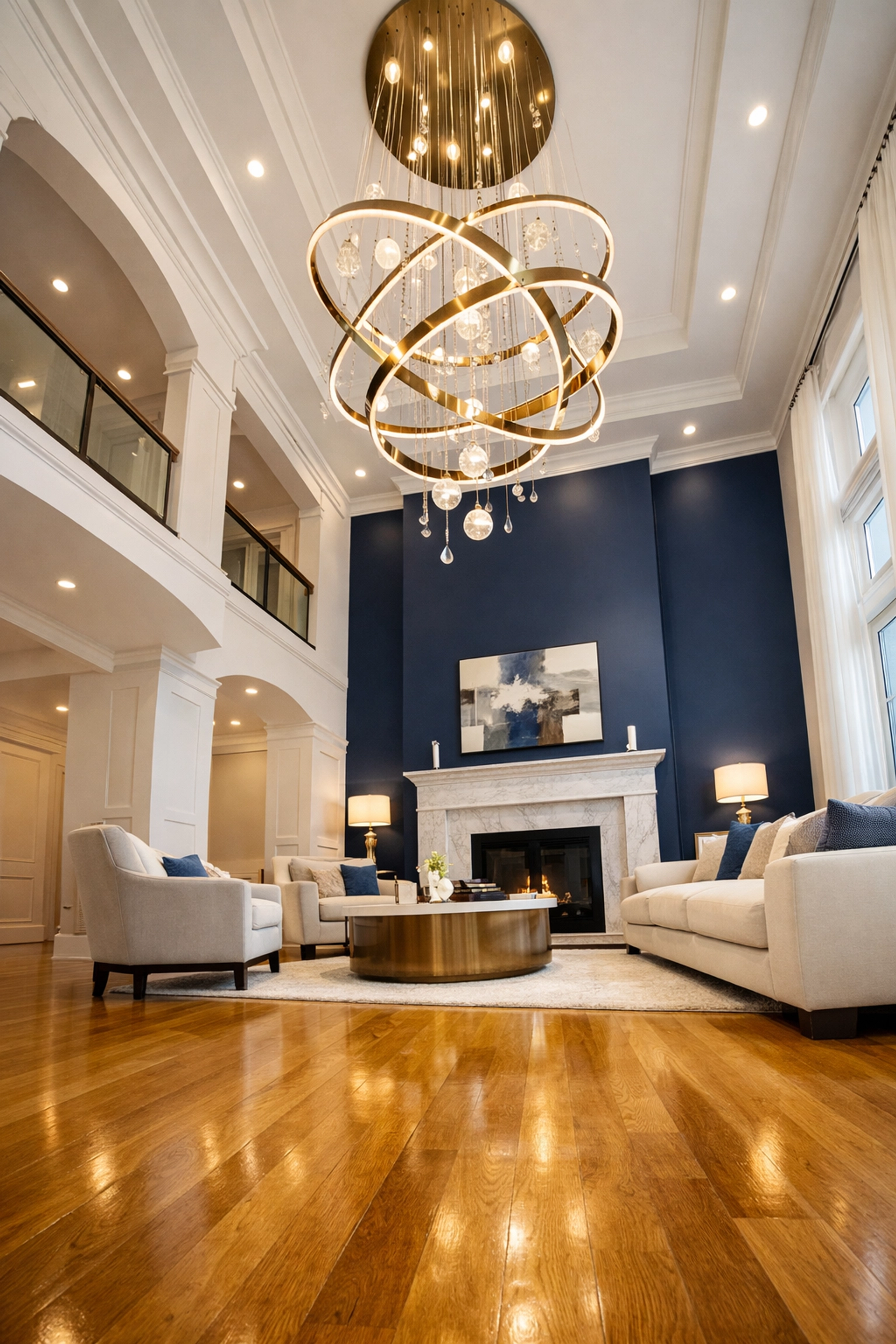Top-to-bottom post construction cleaning in a luxury Franklin living room with polished hardwood floors.