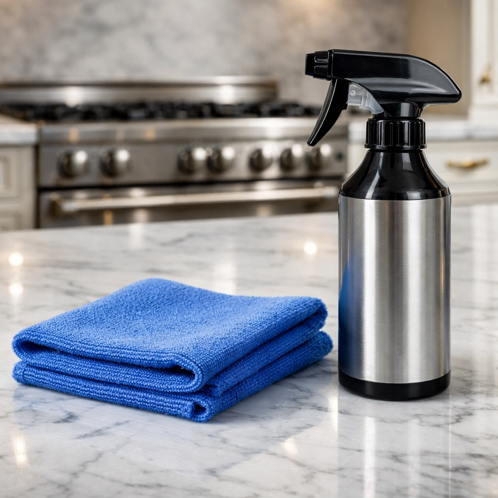 Professional cleaning supplies on a spotless marble kitchen island in a luxury Winchester home.