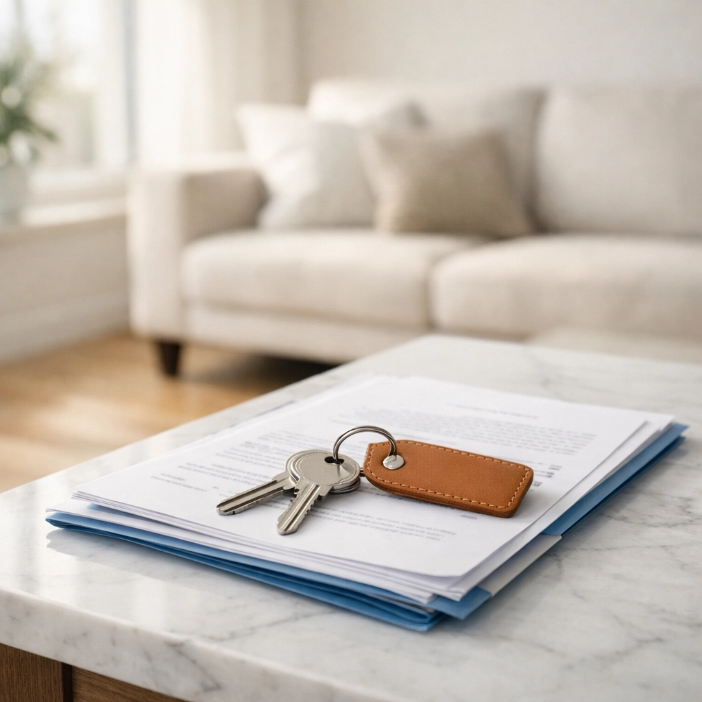Modern living room with light hardwood flooring and house keys on rental documents.