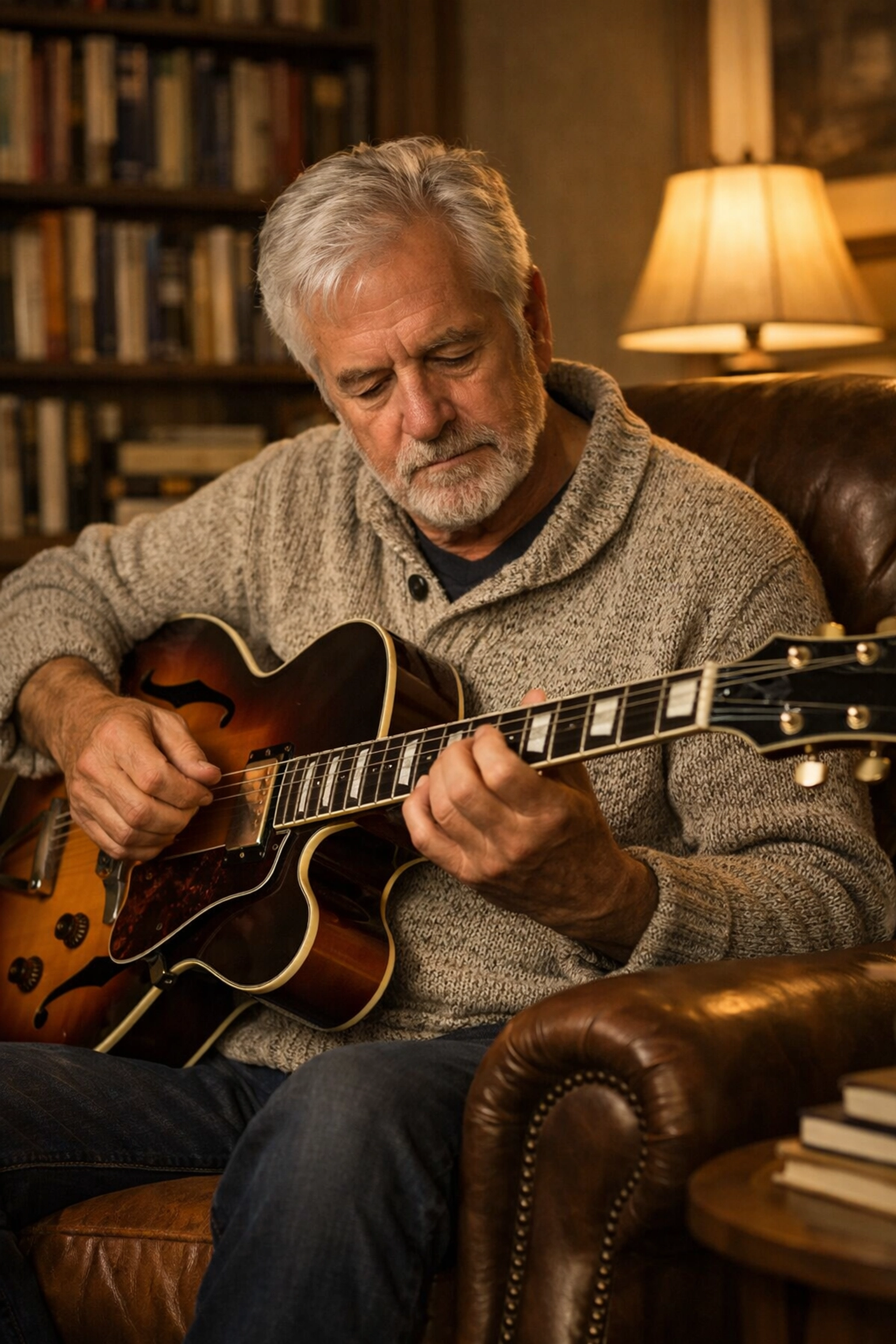 Senior man practicing guitar at home for cognitive health and lifelong learning.