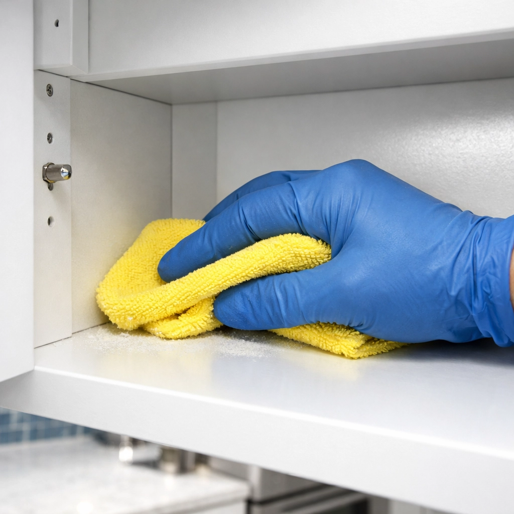 Detailed interior cabinet dusting during a post construction cleaning in Southborough kitchen.