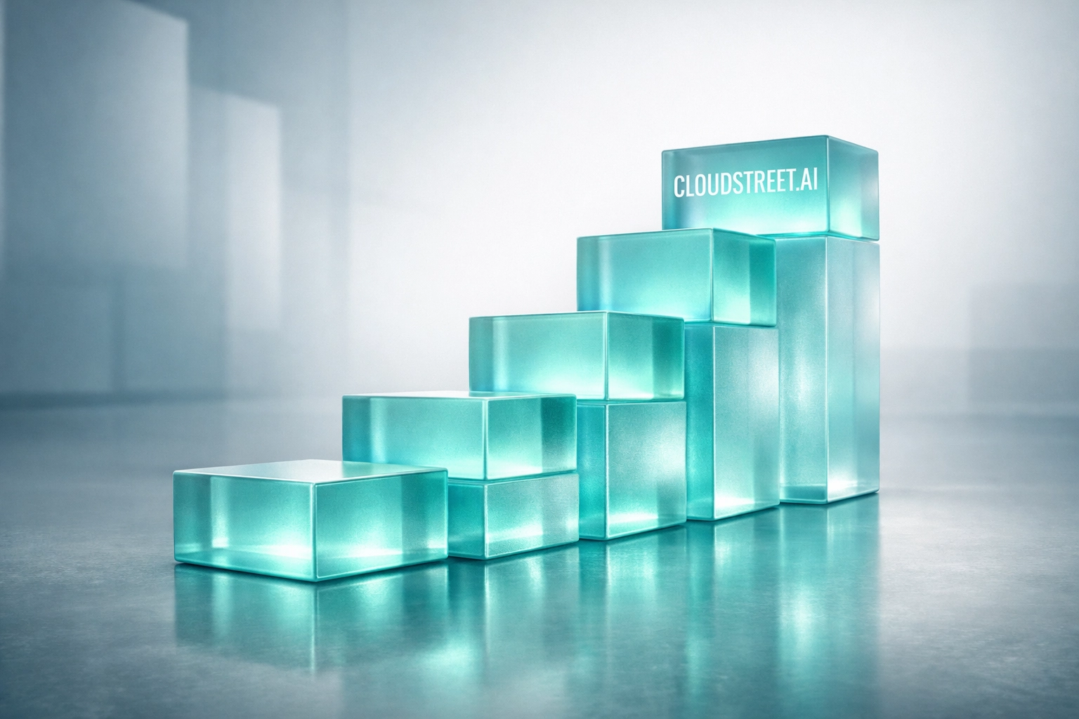 Rising glass steps representing business growth through successful Salesforce AI implementation and consulting.