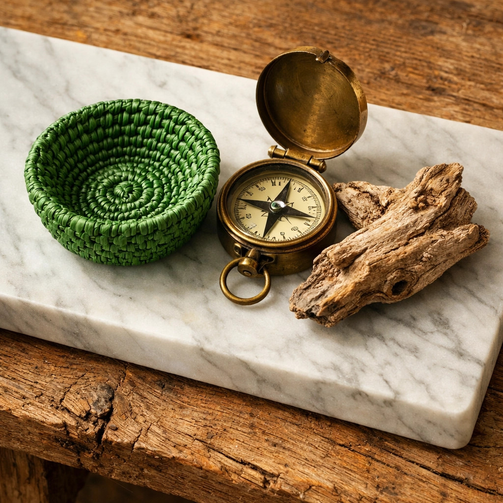 Curated tabletop decor featuring a hand-woven basket and marble tray, showcasing mixed textures and materials.